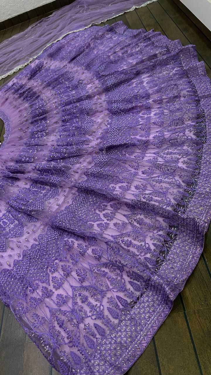 Aastha Fashion Lavender Net Thread , Zari & Sequence Work Semi Stitched Lehenga Choli