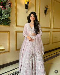 Thumbnail for Aastha Fashion Pink Net Resham Thread & Sequins Work Semi Stitched Lehenga Choli