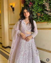 Thumbnail for Aastha Fashion Pink Net Resham Thread & Sequins Work Semi Stitched Lehenga Choli