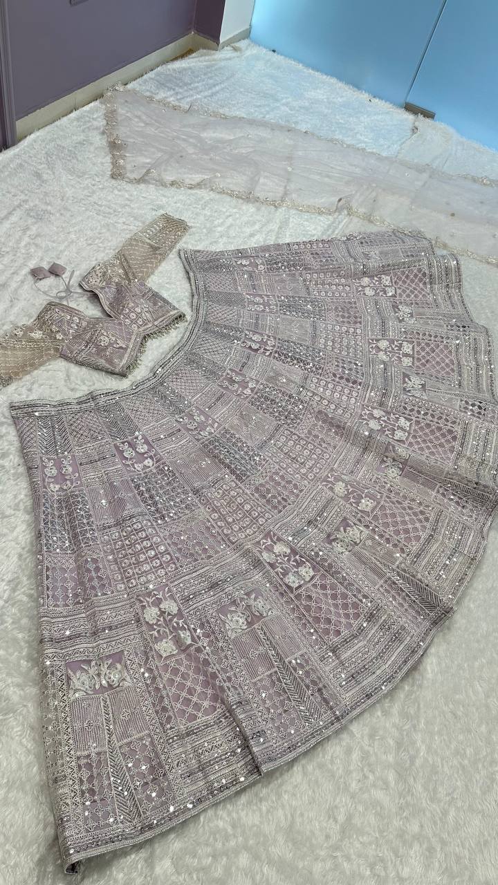 Aastha Fashion Pink Net Resham Thread & Sequins Work Semi Stitched Lehenga Choli