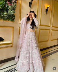 Thumbnail for Aastha Fashion Pink Net Resham Thread & Sequins Work Semi Stitched Lehenga Choli