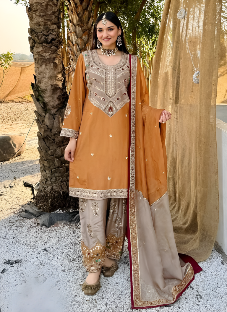 Aastha Fashion Orange Heavy Faux Georgette Festival Wear Suit