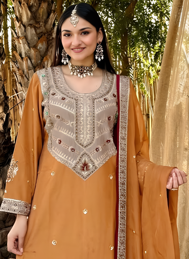 Aastha Fashion Orange Heavy Faux Georgette Festival Wear Suit