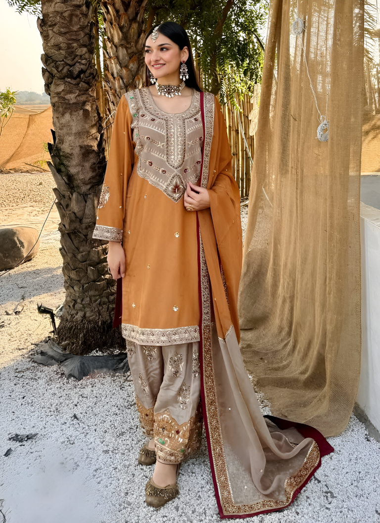 Aastha Fashion Orange Heavy Faux Georgette Festival Wear Suit