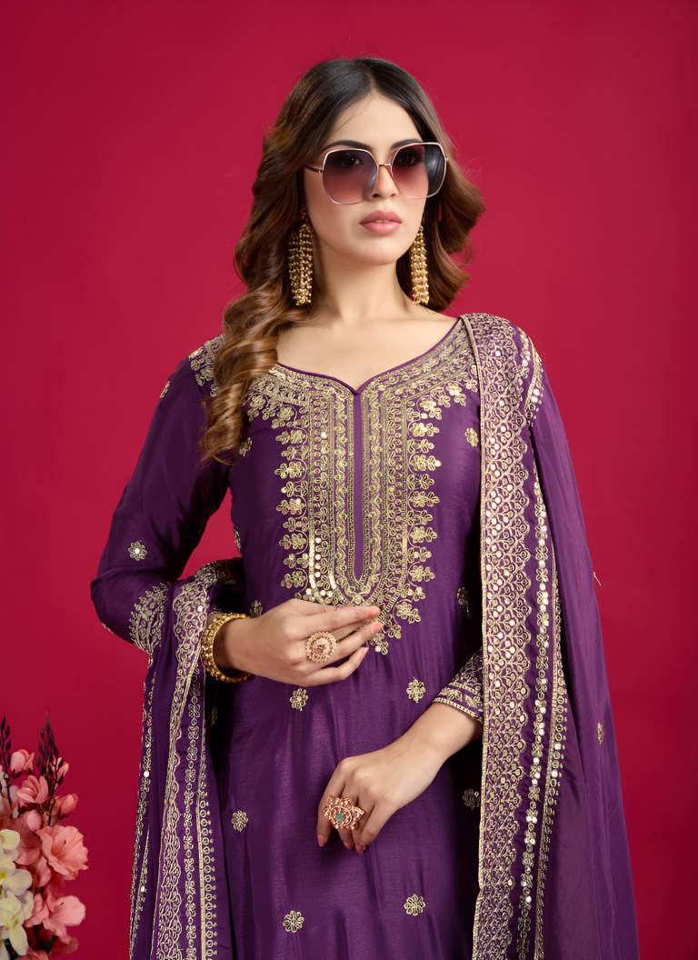 Aastha Fashion Purple Pure Heavy Chinnon Silk Festival Wear Suit