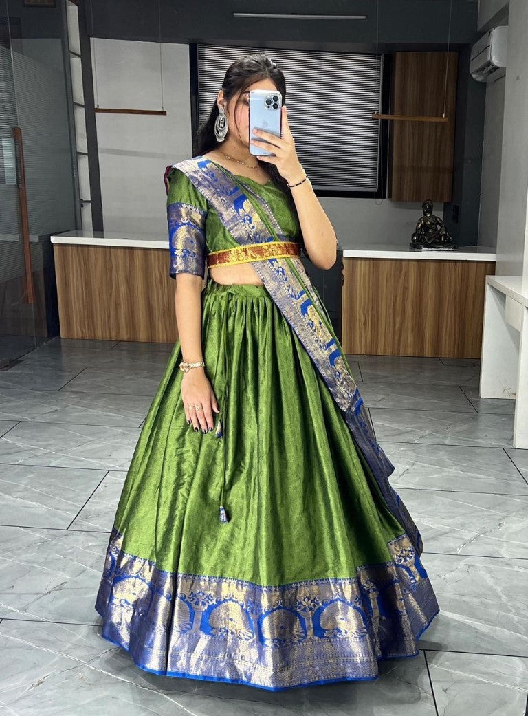 Aastha Fashion Green Self Weaving Mercerised Cotton Solid Colors With Contrast Weaving Border And All Over Self Weaving Butta Lehenga Choli