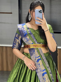 Thumbnail for Aastha Fashion Green Self Weaving Mercerised Cotton Solid Colors With Contrast Weaving Border And All Over Self Weaving Butta Lehenga Choli