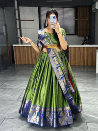Thumbnail for Aastha Fashion Green Self Weaving Mercerised Cotton Solid Colors With Contrast Weaving Border And All Over Self Weaving Butta Lehenga Choli
