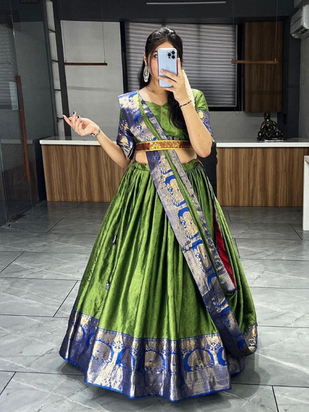Aastha Fashion Green Self Weaving Mercerised Cotton Solid Colors With Contrast Weaving Border And All Over Self Weaving Butta Lehenga Choli