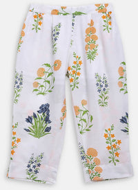 Thumbnail for Ahalyaa White Cotton Straight Floral Printed Kids Kurta Pant Sets With Dupatta For Girls - Distacart