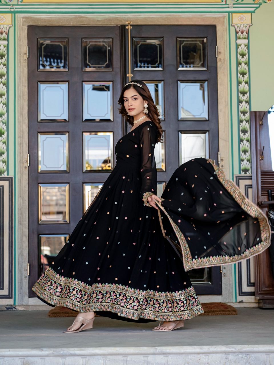 Prazu Fashion Black Faux Georgette Embroidered Gown With Dupatta