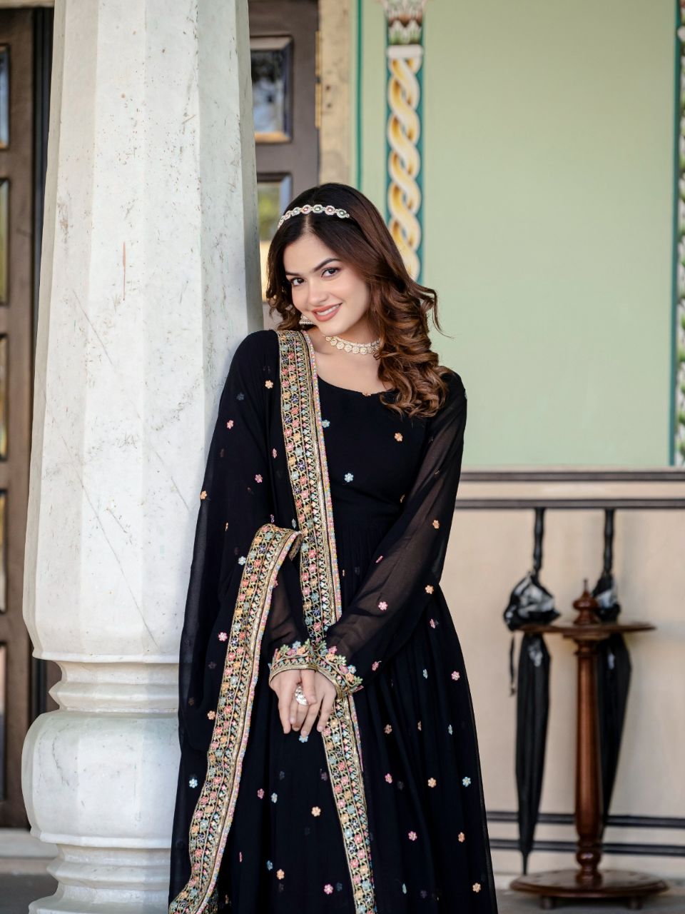 Prazu Fashion Black Faux Georgette Embroidered Gown With Dupatta