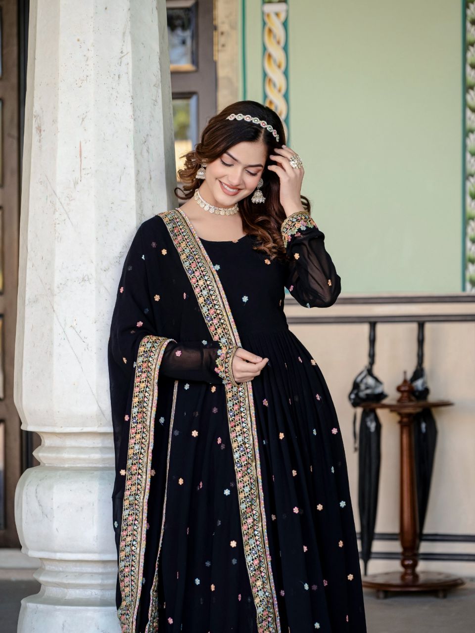 Prazu Fashion Black Faux Georgette Embroidered Gown With Dupatta