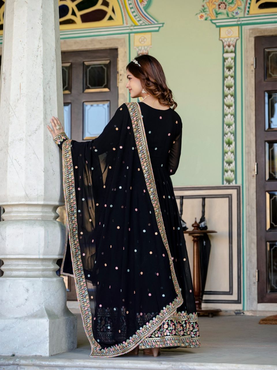 Prazu Fashion Black Faux Georgette Embroidered Gown With Dupatta