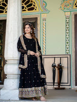 Thumbnail for Prazu Fashion Black Faux Georgette Embroidered Gown With Dupatta