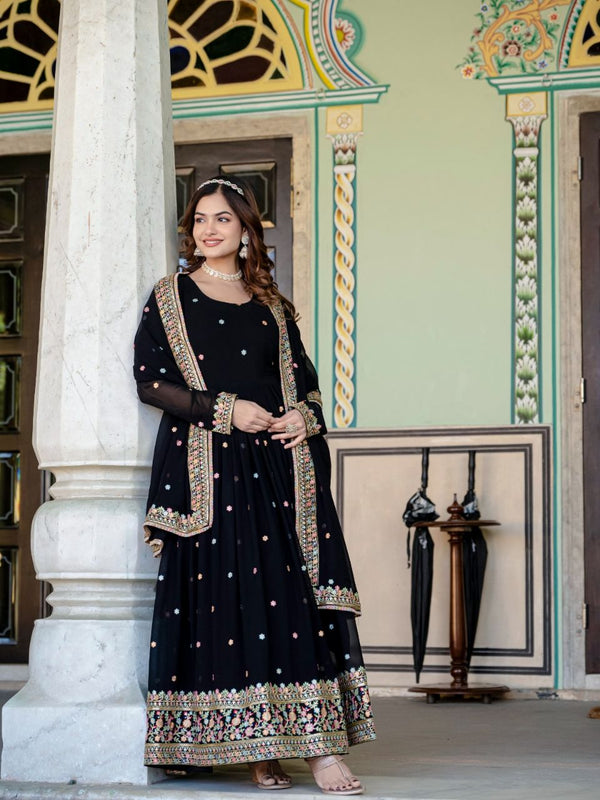 Prazu Fashion Black Faux Georgette Embroidered Gown With Dupatta