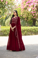 Thumbnail for Prazu Fashion Maroon Vichitra Silk Embroidered Gown With Dupatta