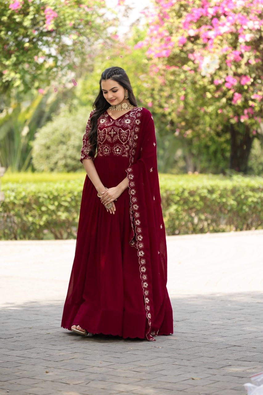 Prazu Fashion Maroon Vichitra Silk Embroidered Gown With Dupatta