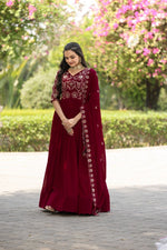 Thumbnail for Prazu Fashion Maroon Vichitra Silk Embroidered Gown With Dupatta