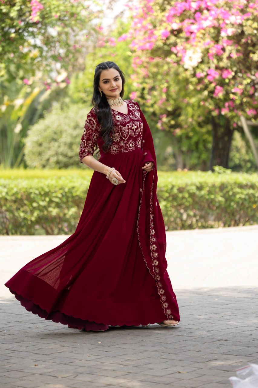 Prazu Fashion Maroon Vichitra Silk Embroidered Gown With Dupatta