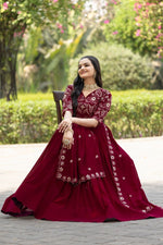 Thumbnail for Prazu Fashion Maroon Vichitra Silk Embroidered Gown With Dupatta