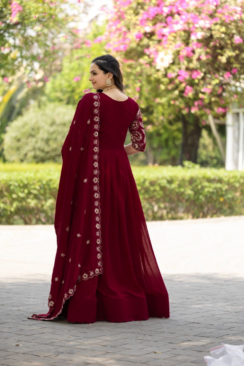 Prazu Fashion Maroon Vichitra Silk Embroidered Gown With Dupatta