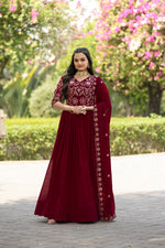 Thumbnail for Prazu Fashion Maroon Vichitra Silk Embroidered Gown With Dupatta