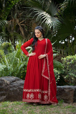 Thumbnail for Prazu Fashion Red Faux Georgette Embroidered Gown With Dupatta