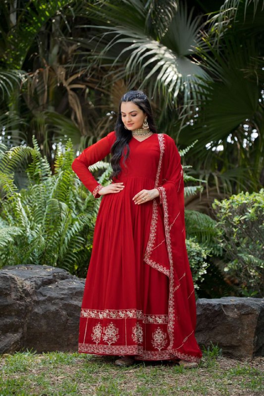 Prazu Fashion Red Faux Georgette Embroidered Gown With Dupatta