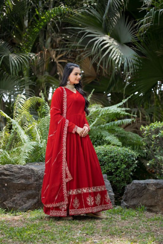 Prazu Fashion Red Faux Georgette Embroidered Gown With Dupatta