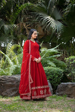 Thumbnail for Prazu Fashion Red Faux Georgette Embroidered Gown With Dupatta