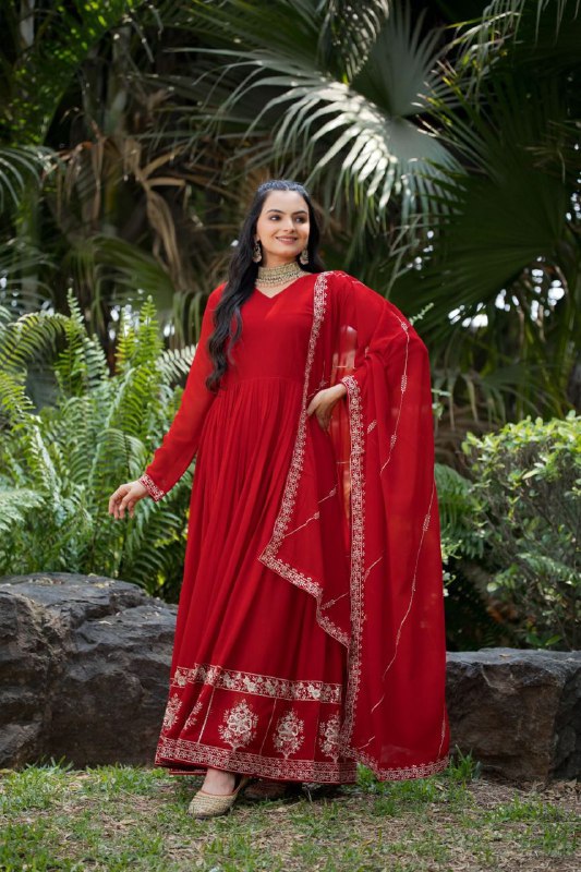 Prazu Fashion Red Faux Georgette Embroidered Gown With Dupatta