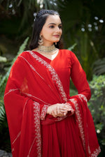 Thumbnail for Prazu Fashion Red Faux Georgette Embroidered Gown With Dupatta