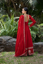 Thumbnail for Prazu Fashion Red Faux Georgette Embroidered Gown With Dupatta