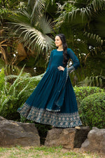Thumbnail for Prazu Fashion Rama Blue Faux Georgette Embroidered Gown With Dupatta