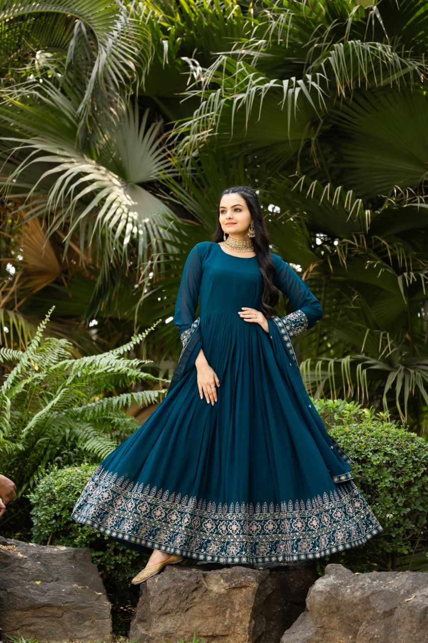 Prazu Fashion Rama Blue Faux Georgette Embroidered Gown With Dupatta