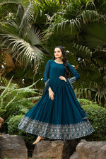 Thumbnail for Prazu Fashion Rama Blue Faux Georgette Embroidered Gown With Dupatta