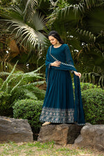 Thumbnail for Prazu Fashion Rama Blue Faux Georgette Embroidered Gown With Dupatta