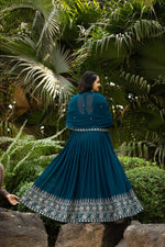 Thumbnail for Prazu Fashion Rama Blue Faux Georgette Embroidered Gown With Dupatta