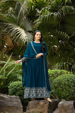 Thumbnail for Prazu Fashion Rama Blue Faux Georgette Embroidered Gown With Dupatta