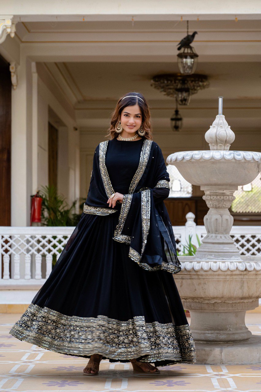 Prazu Fashion Black Faux Georgette Embroidered Gown With Dupatta