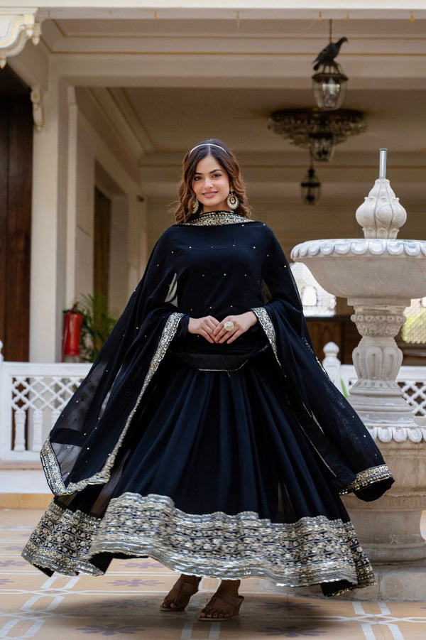 Prazu Fashion Black Faux Georgette Embroidered Gown With Dupatta