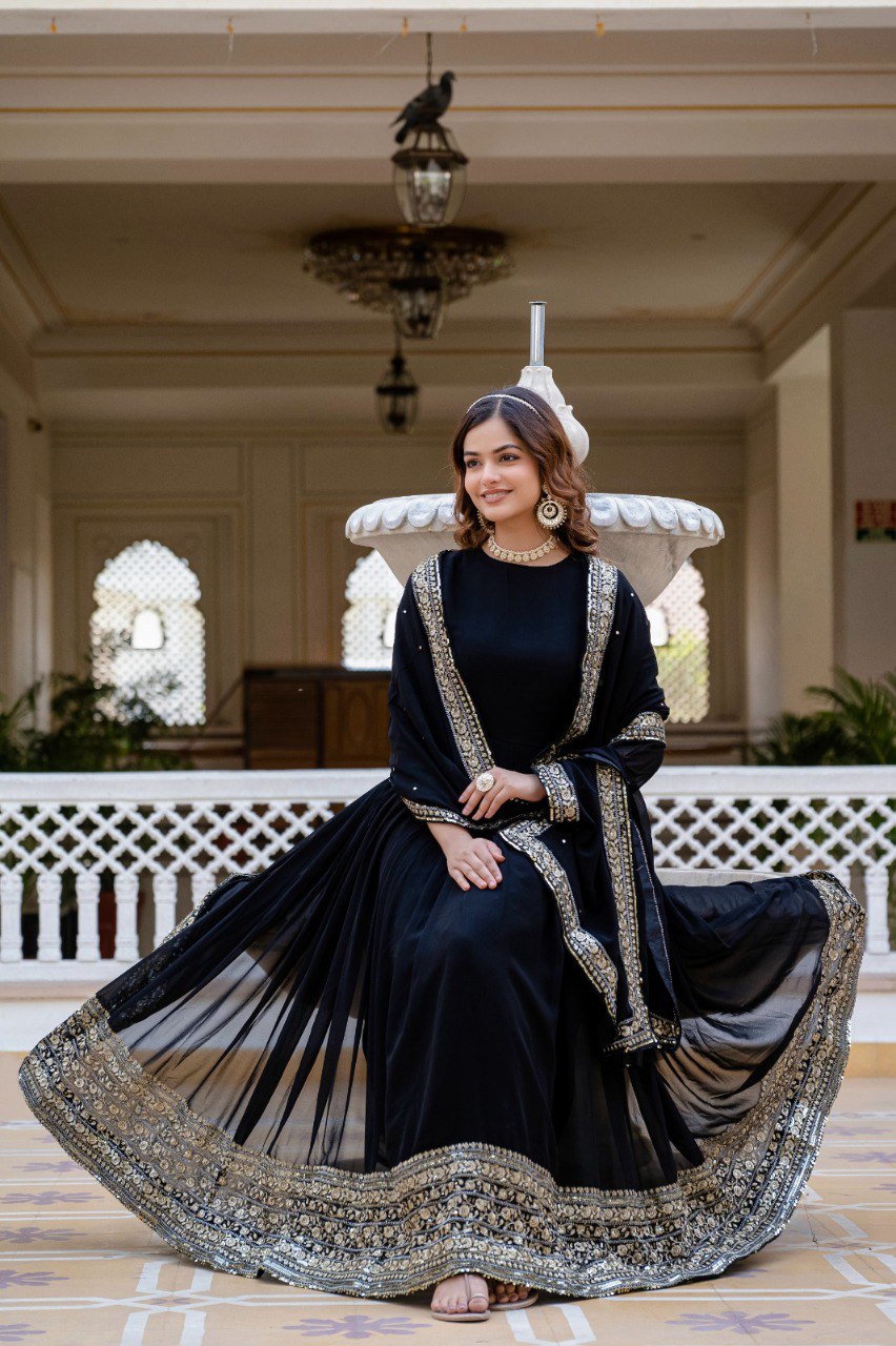 Prazu Fashion Black Faux Georgette Embroidered Gown With Dupatta