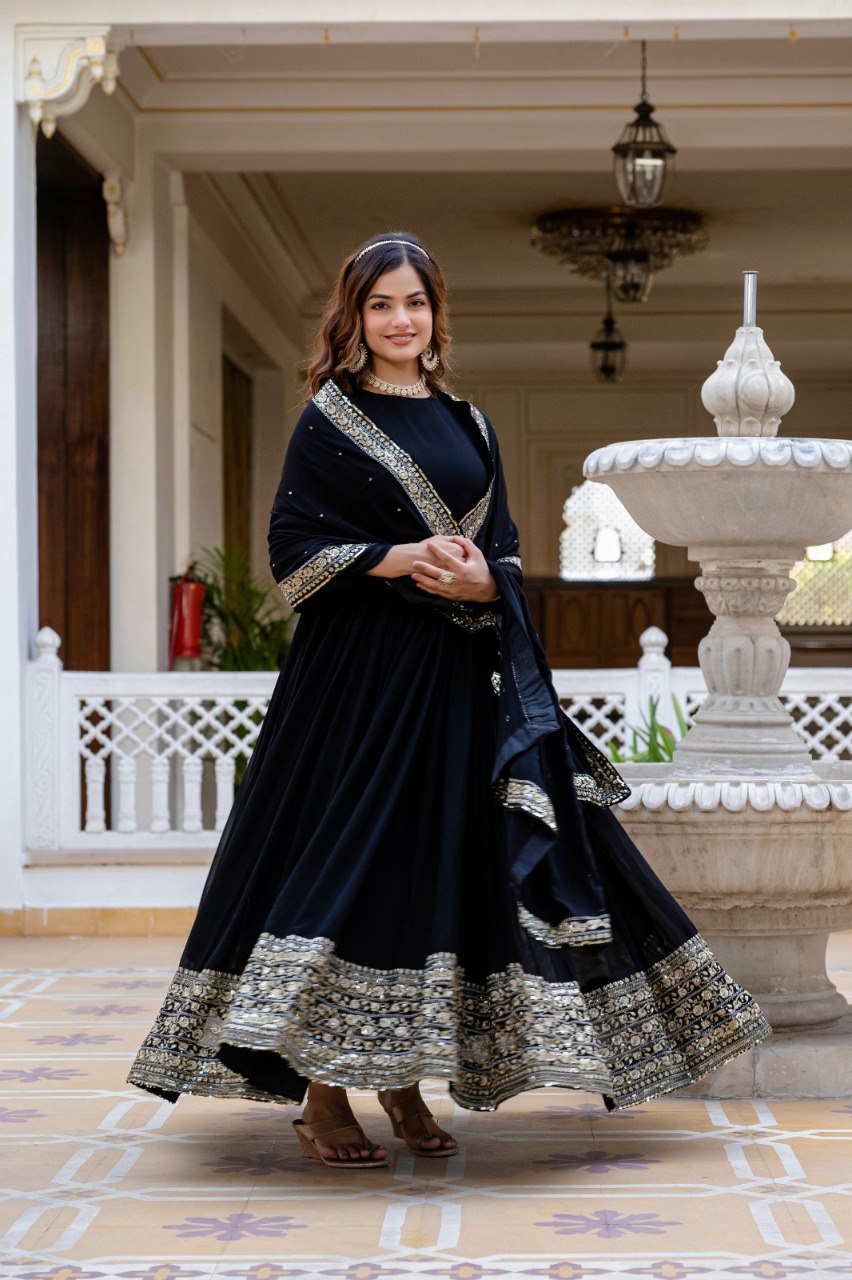 Prazu Fashion Black Faux Georgette Embroidered Gown With Dupatta