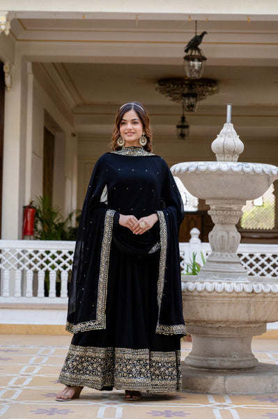 Prazu Fashion Black Faux Georgette Embroidered Gown With Dupatta