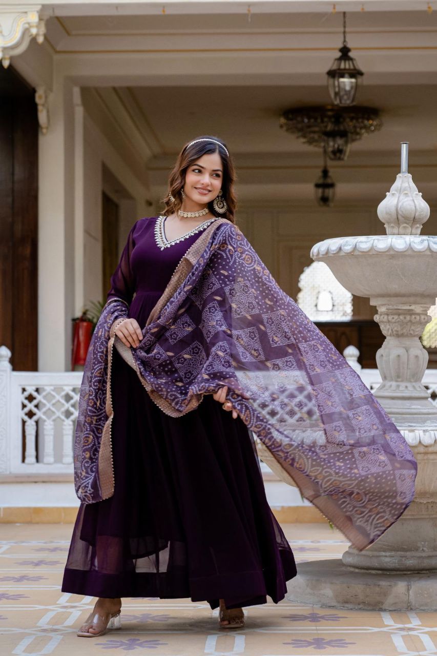 Prazu Fashion Wine Faux Georgette Pearl Handwork Gown With Dupatta