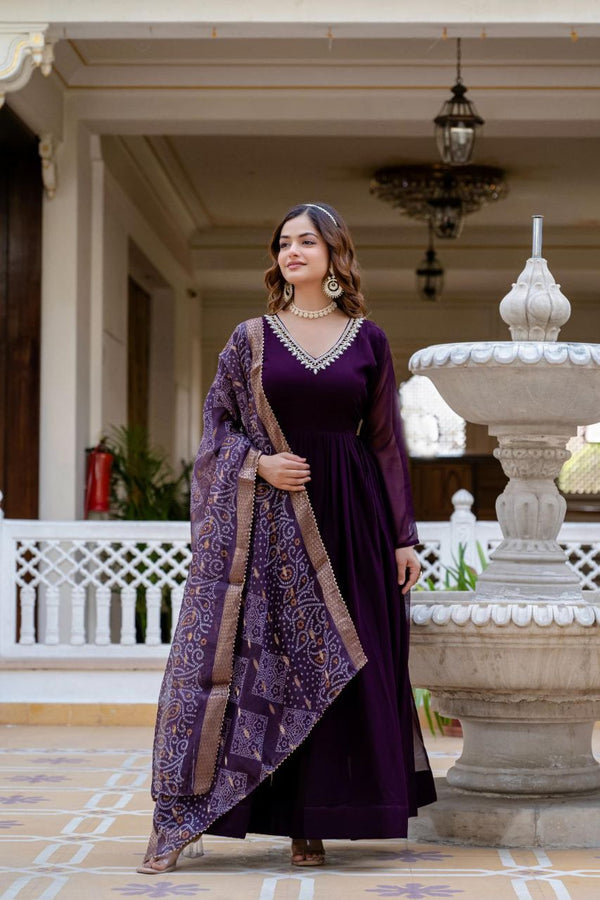 Prazu Fashion Wine Faux Georgette Pearl Handwork Gown With Dupatta