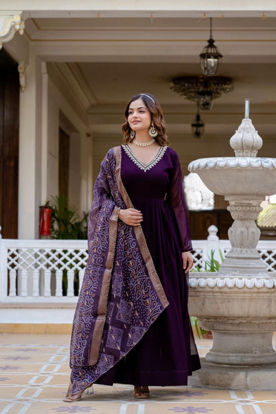 Prazu Fashion Wine Faux Georgette Pearl Handwork Gown With Dupatta