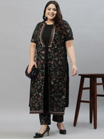 Thumbnail for Sztori Plus Size Floral Foil Printed Mandarin Collar A-Line Kurta With Trouser - Distacart
