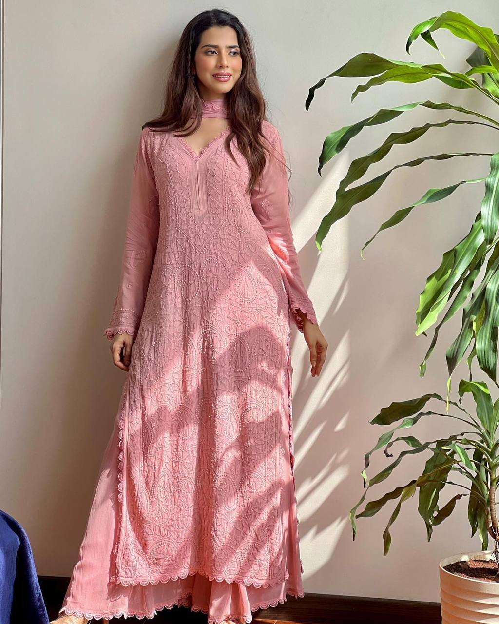Malishka Women's Peach Georgette Embroidered Straight Kurta Sharara With Dupatta